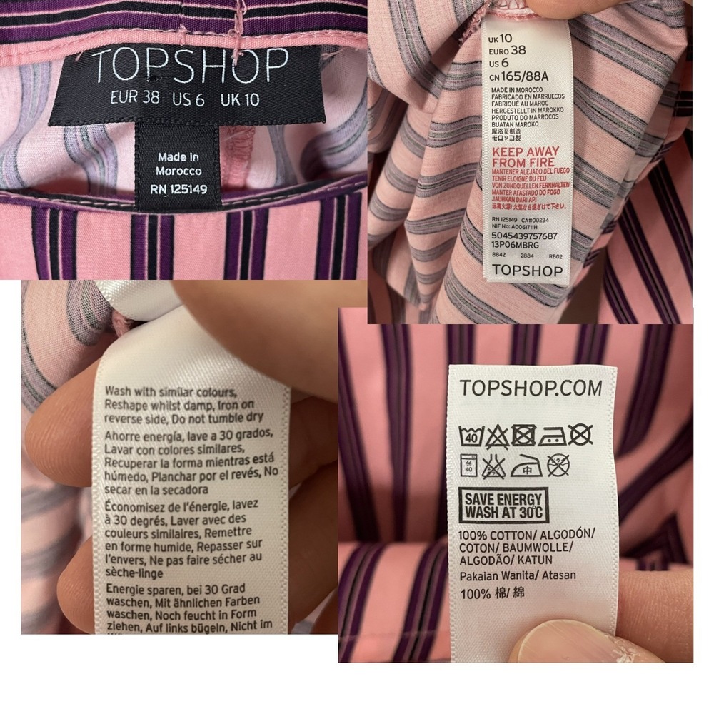 Topshop US 6 Pink Purple Black Stripe Cropped Puff Sleeve Cotton‎ Blouse - Picture 12 of 13